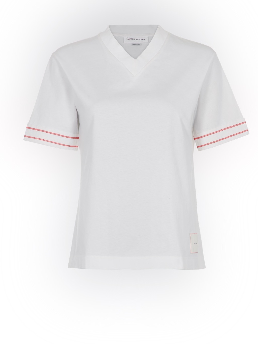 Victoria Beckham white structured V-Neck Tee with statement Red stitching Sz S